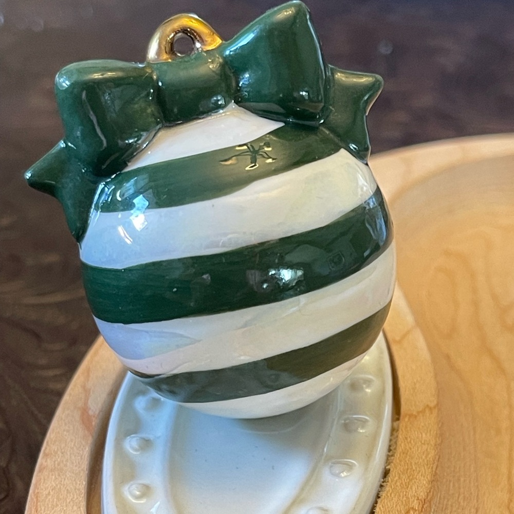 Nora Fleming deck the halls mini Green and White Striped Holiday Ornament